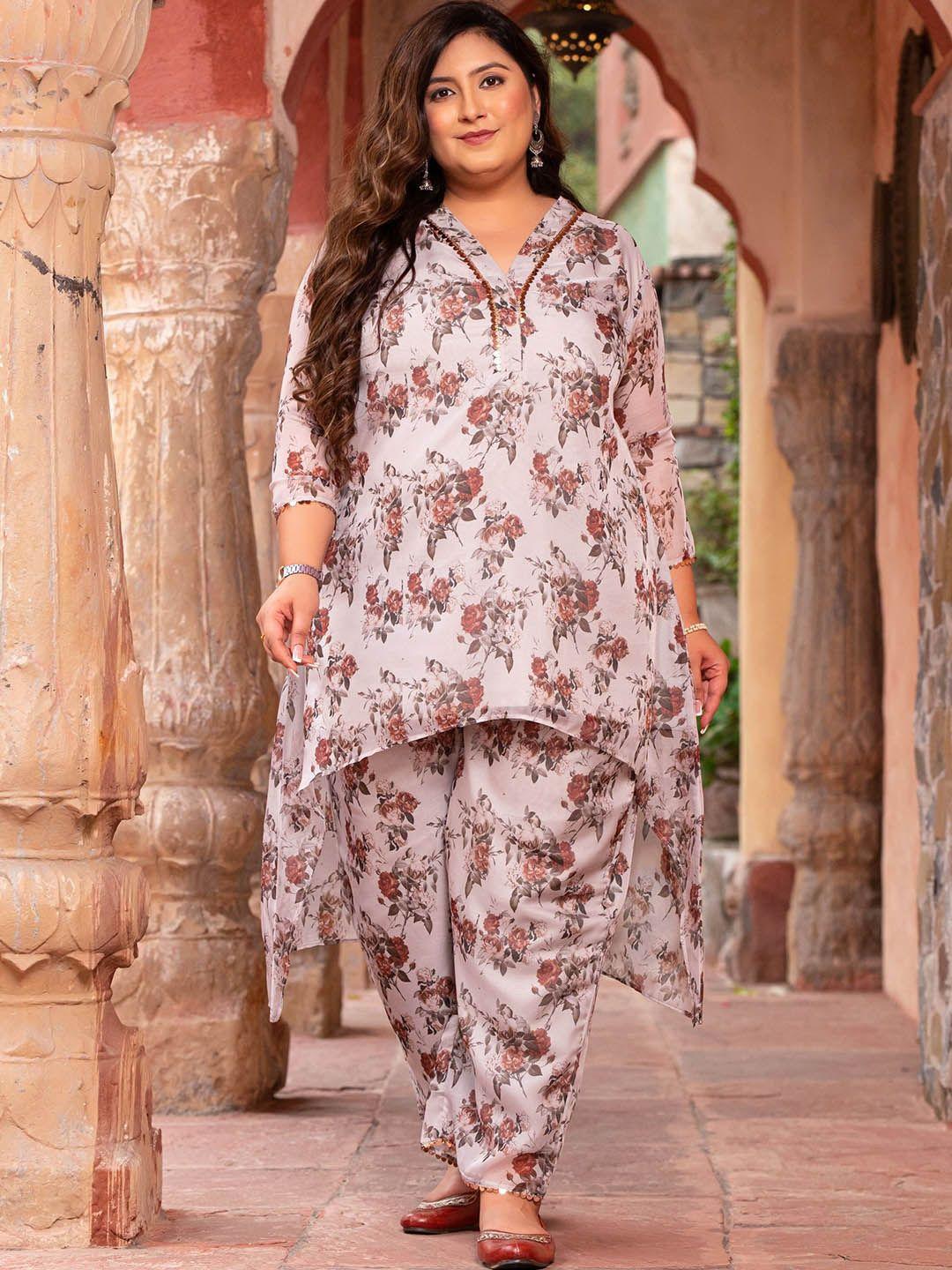 prettyplus by desinoor.com plus size printed organza tunic with trousers