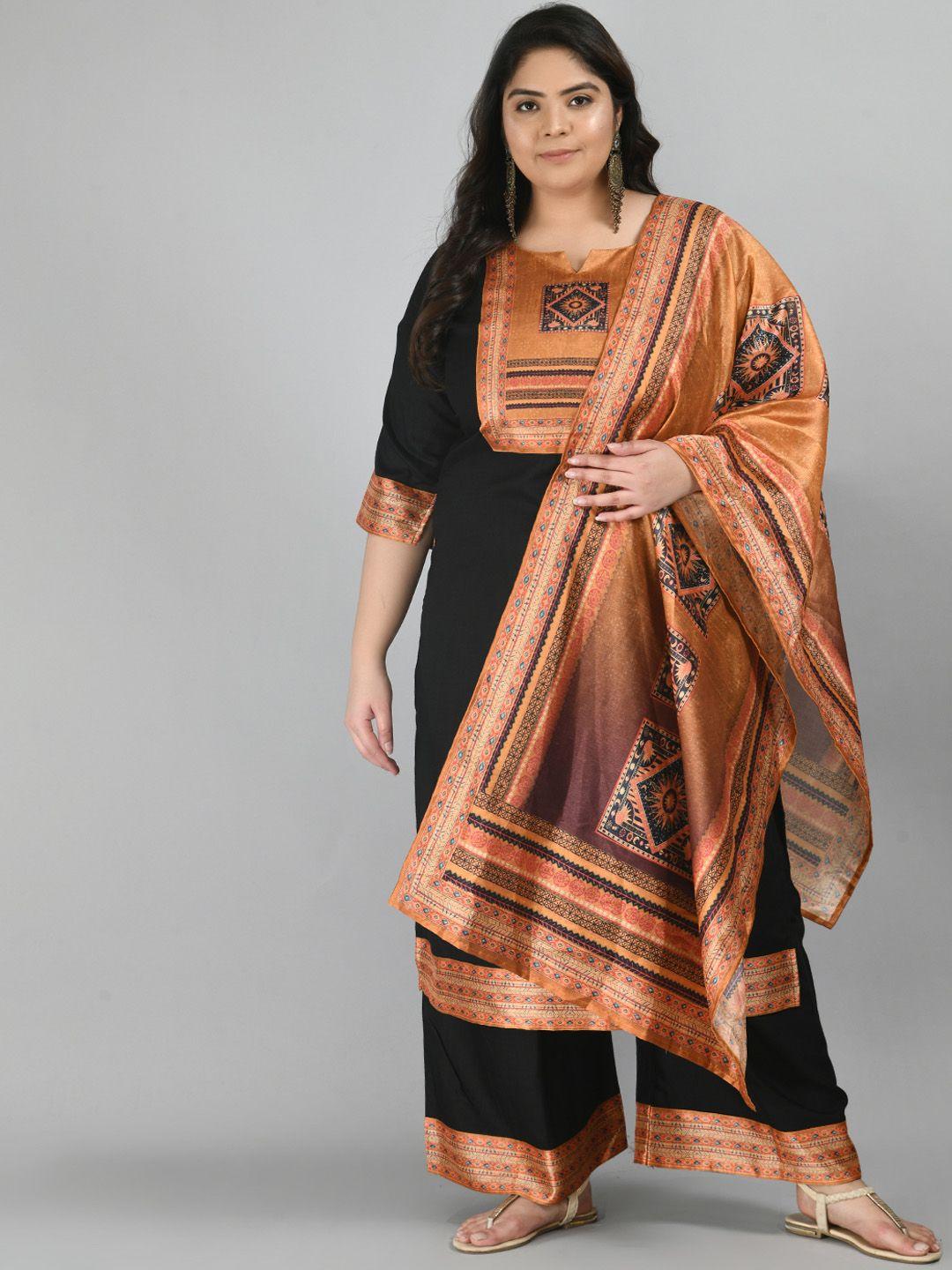 prettyplus by desinoor.com women black printed kurta with palazzos & with dupatta