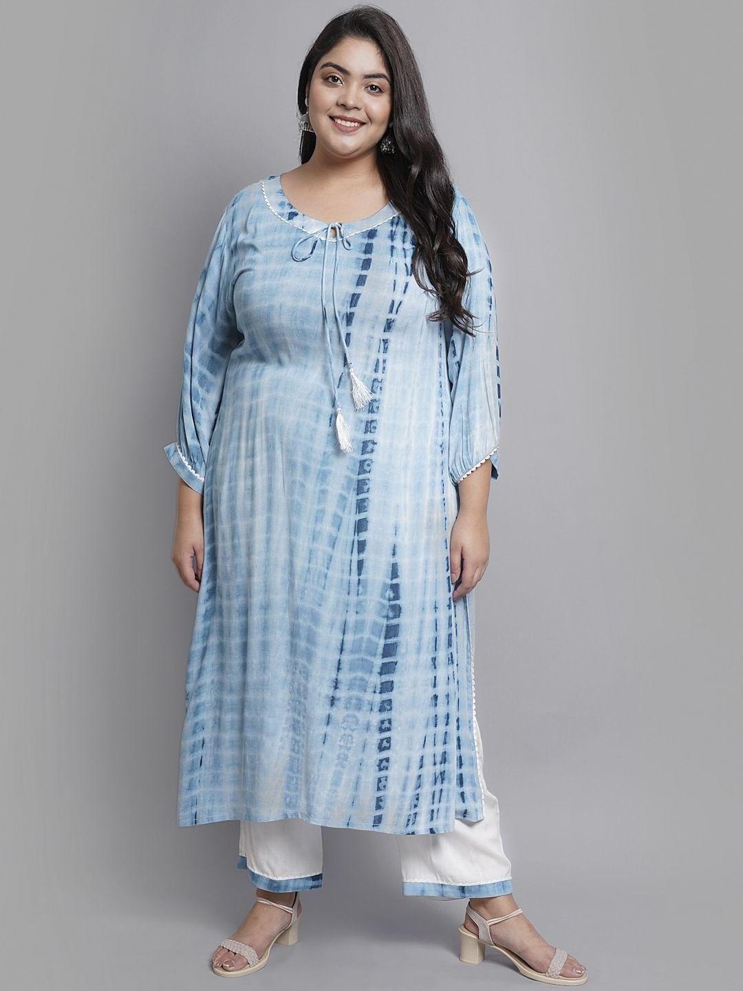 prettyplus by desinoor.com women blue printed empire kurta with trousers