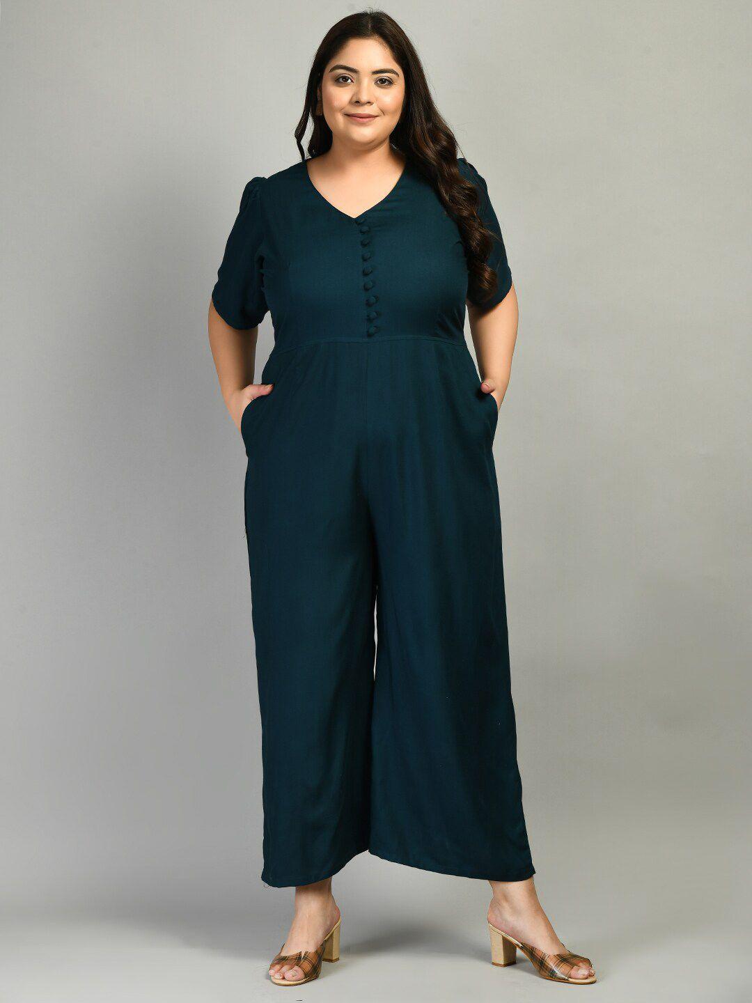 prettyplus by desinoor.com women plus size teal green solid basic jumpsuit