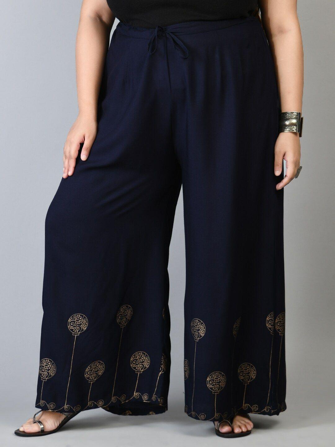 prettyplus by desinoor .com women plus size navy blue & gold-toned floral printed palazzos