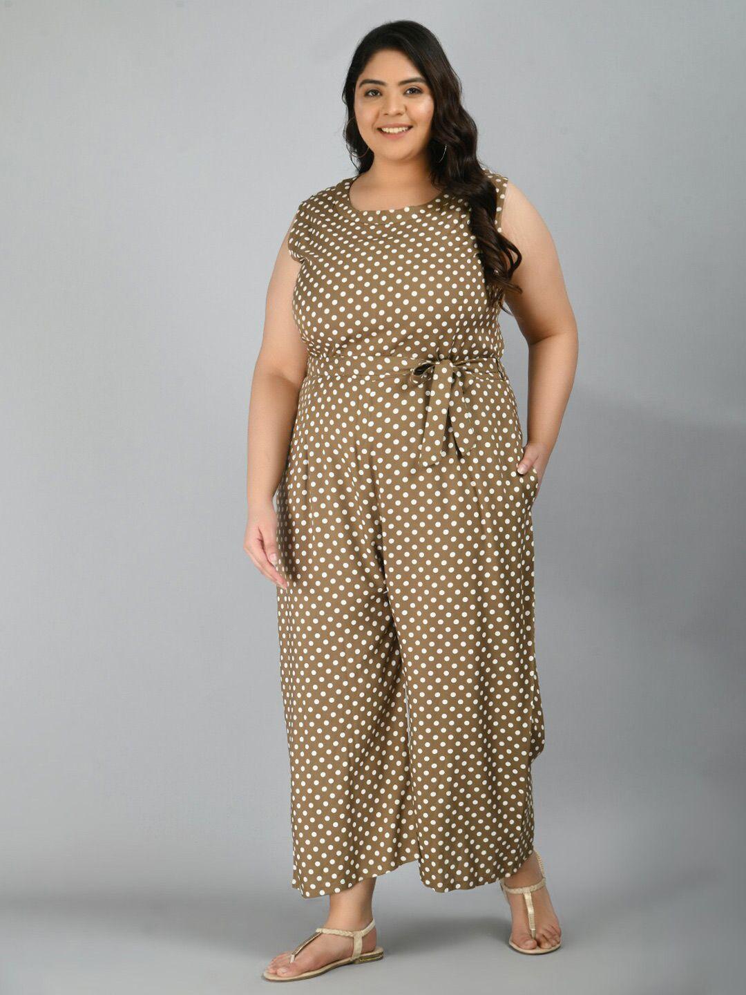 prettyplus by desinoor com beige & white plus size rayon printed basic jumpsuit