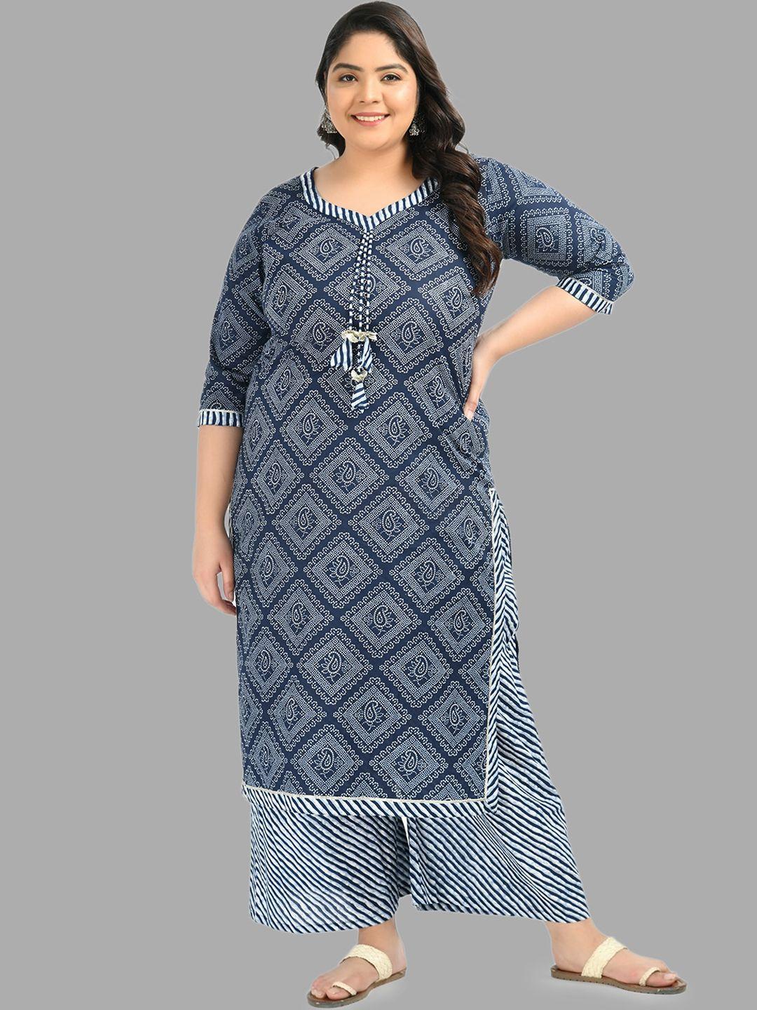 prettyplus by desinoor com navy blue printed pure cotton plus size kurta with palazzos