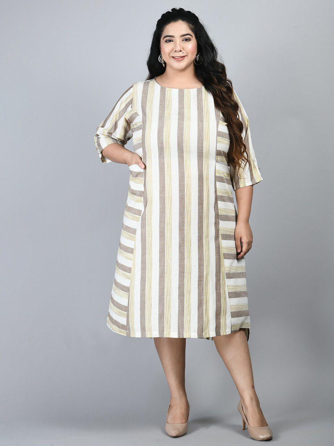 prettyplus by desinoor com plus size beige & white striped a-line midi dress