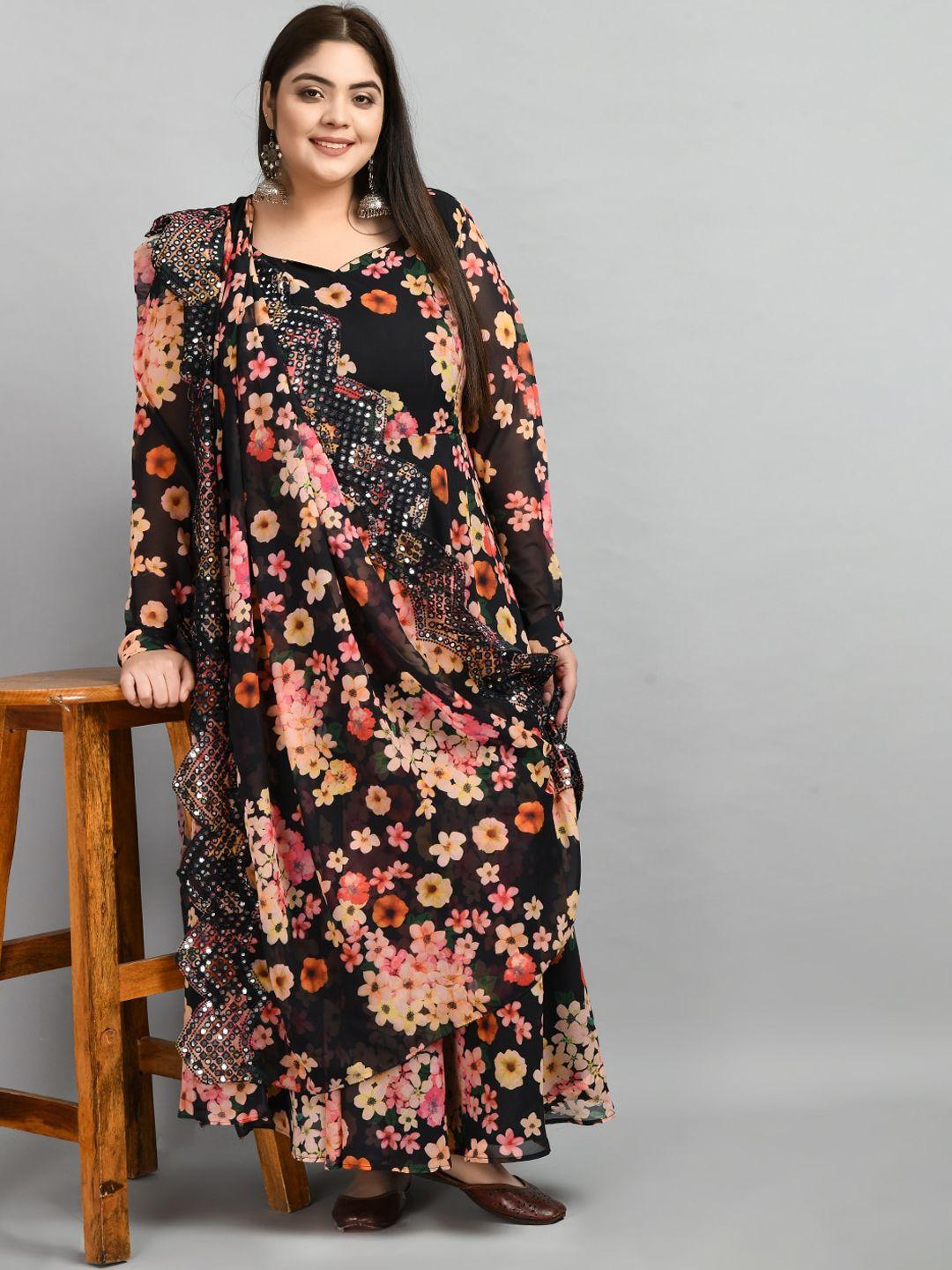 prettyplus by desinoor com plus size floral printed mirror work georgette kurta