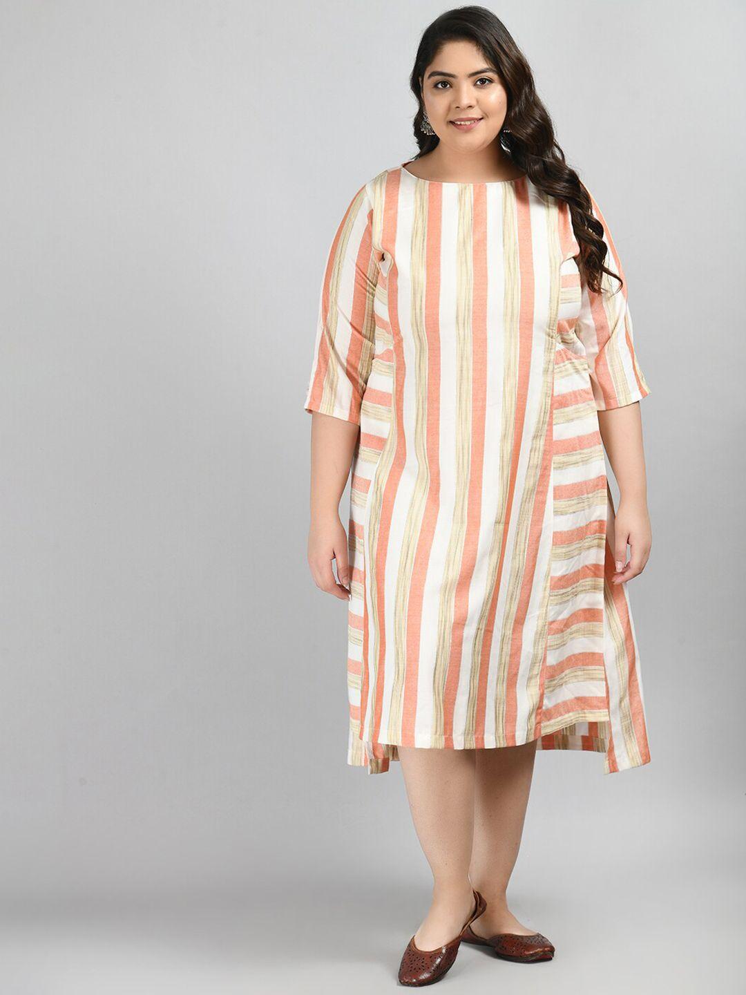 prettyplus by desinoor com plus size peach-coloured striped a-line midi dress