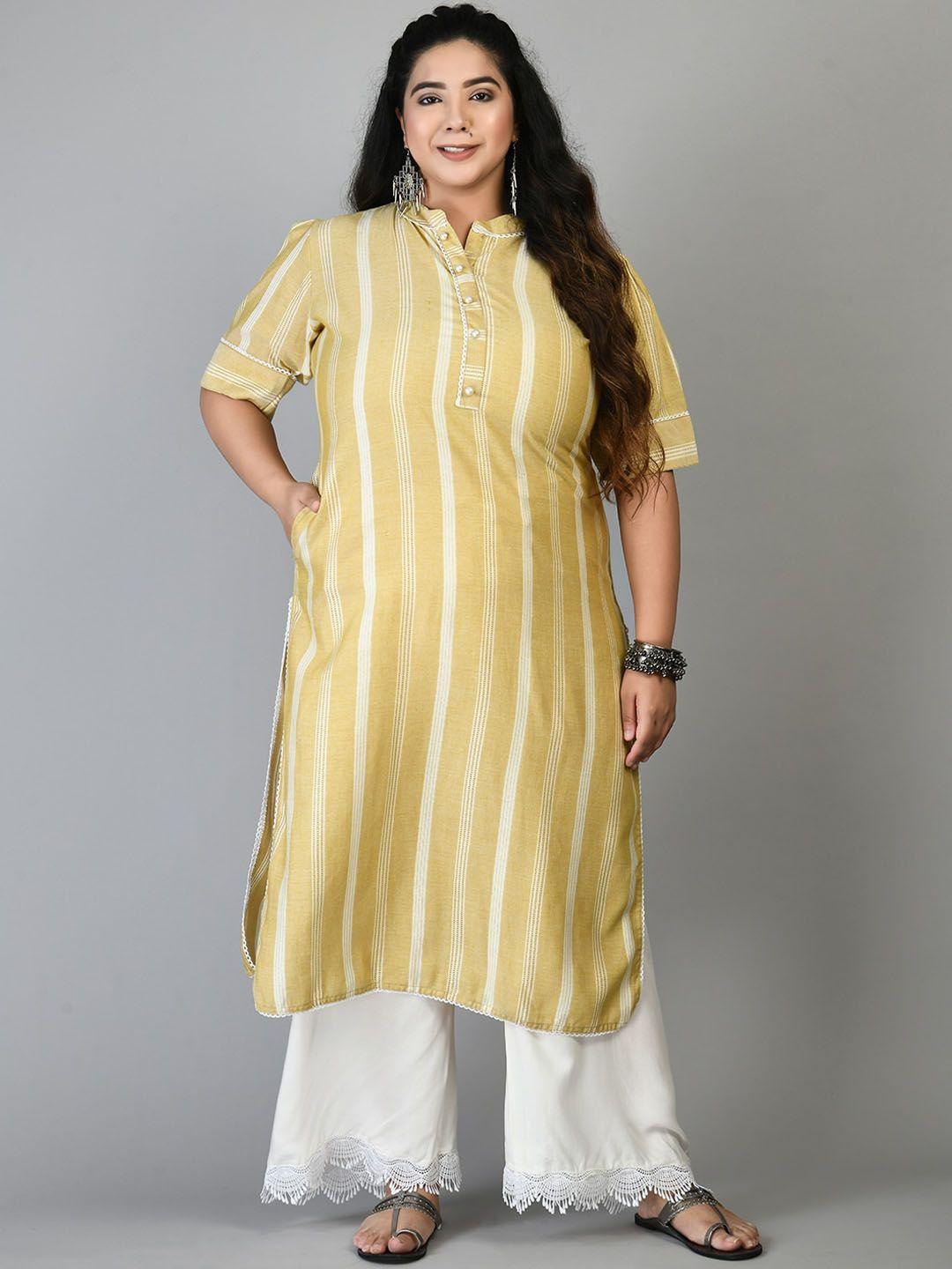 prettyplus by desinoor com plus size striped band collar kurta