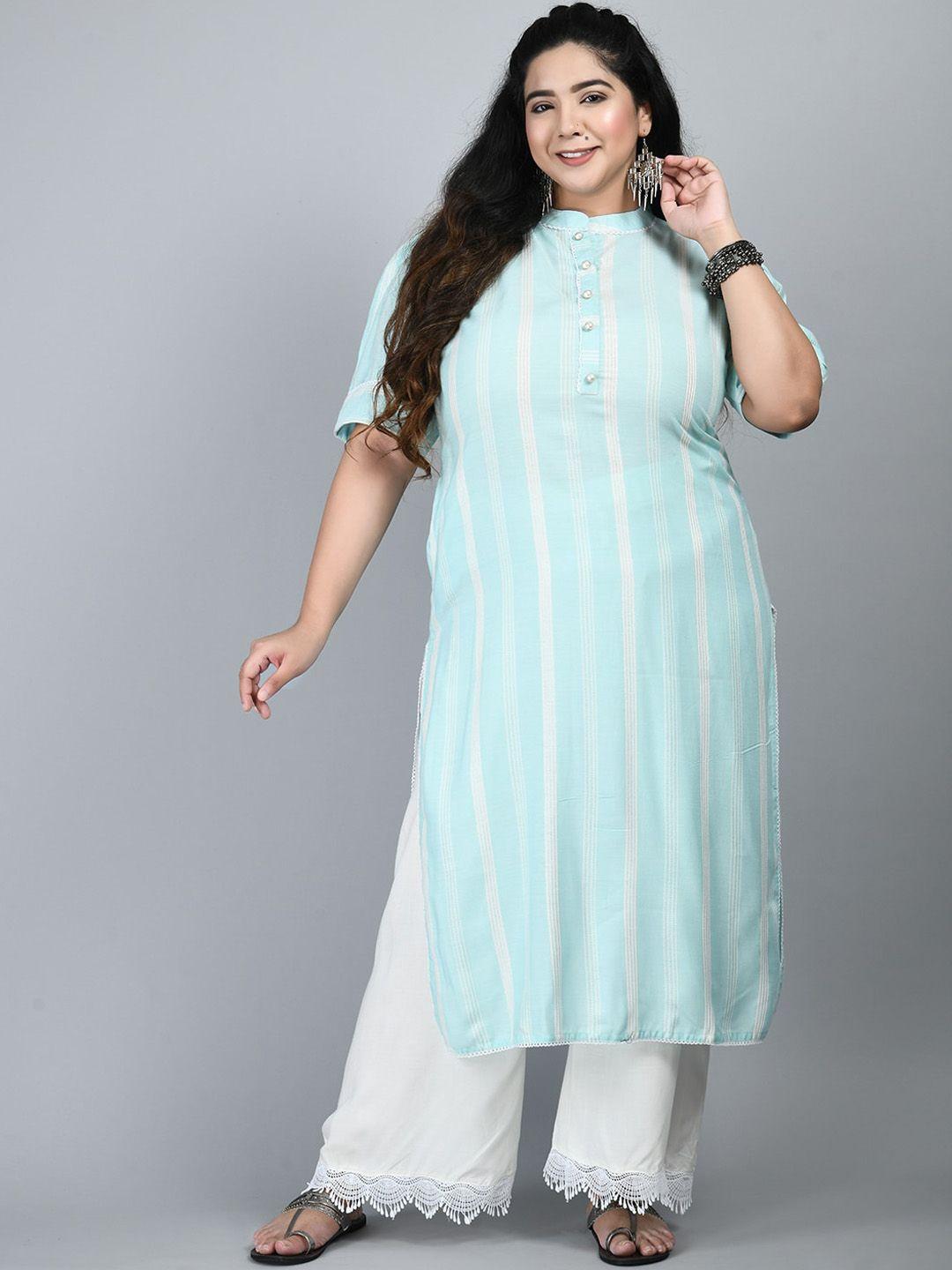 prettyplus by desinoor com plus size striped pathani band collar kurta