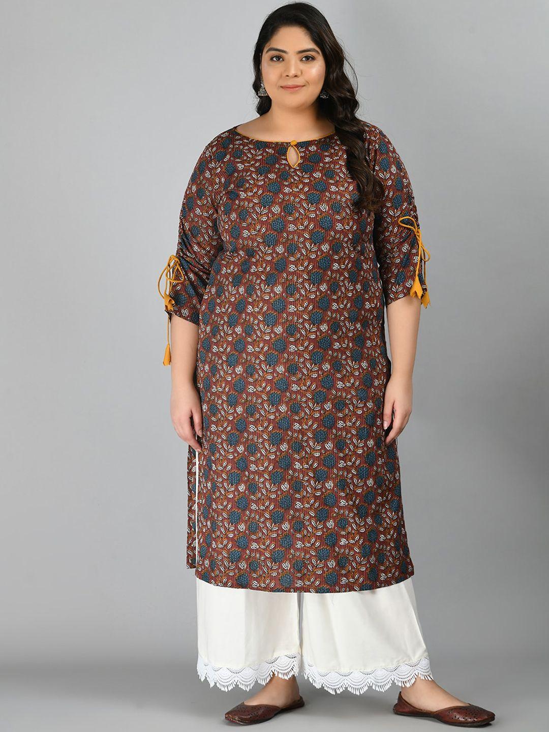 prettyplus by desinoor com plus size women maroon floral printed keyhole neck cotton kurta