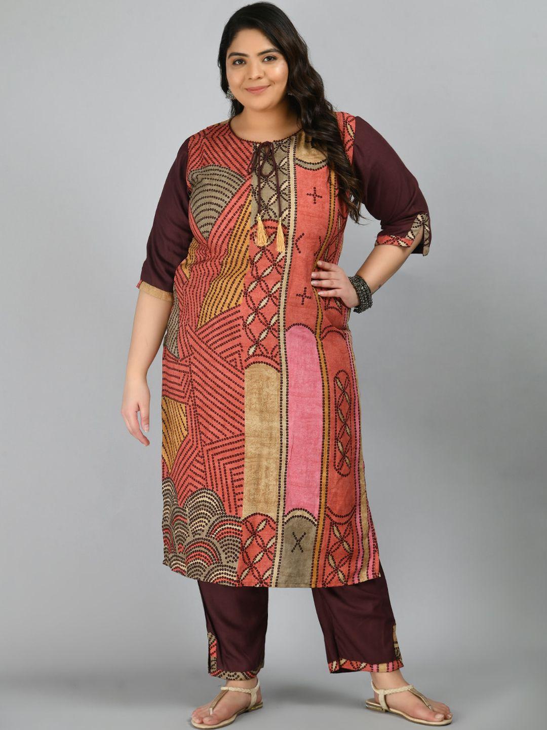 prettyplus by desinoor com plus size women peach-coloured printed kurta with trousers