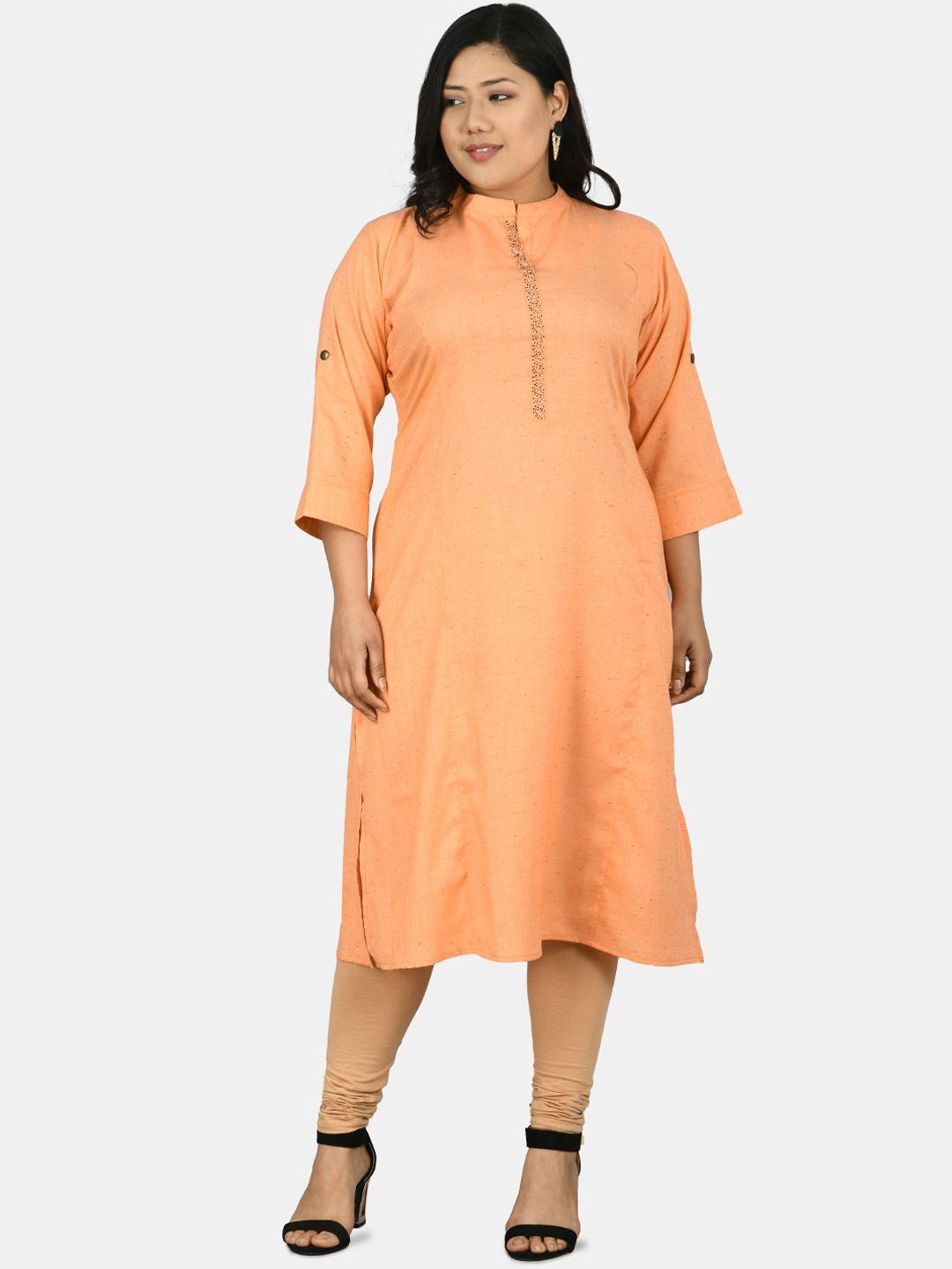 prettyplus by desinoor com plus size women peach solid thread work detail kurta