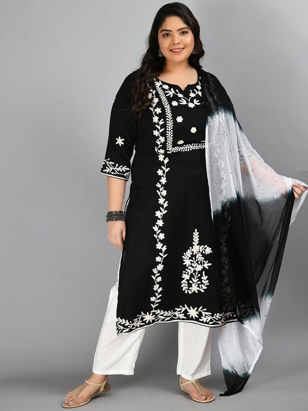 prettyplus by desinoor com women black floral embroidered kurta with trousers & with dupatta