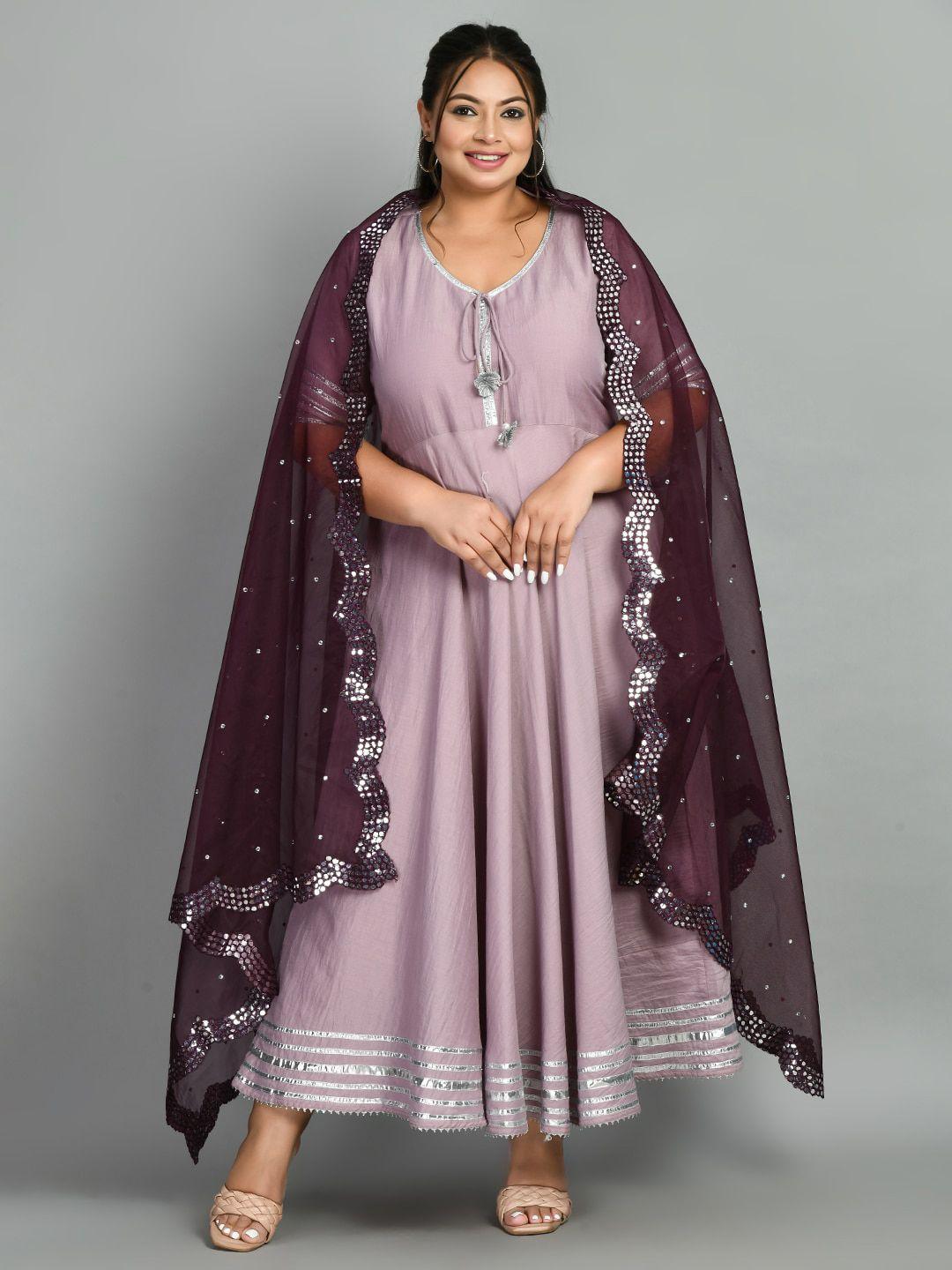 prettyplus by desinoor com women lavender geometric embellished flared sleeves thread work anarkali kurta