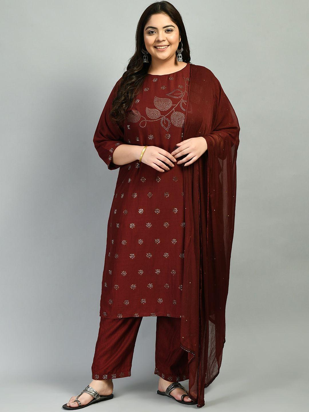 prettyplus by desinoor com women maroon floral kurta with trousers & dupatta