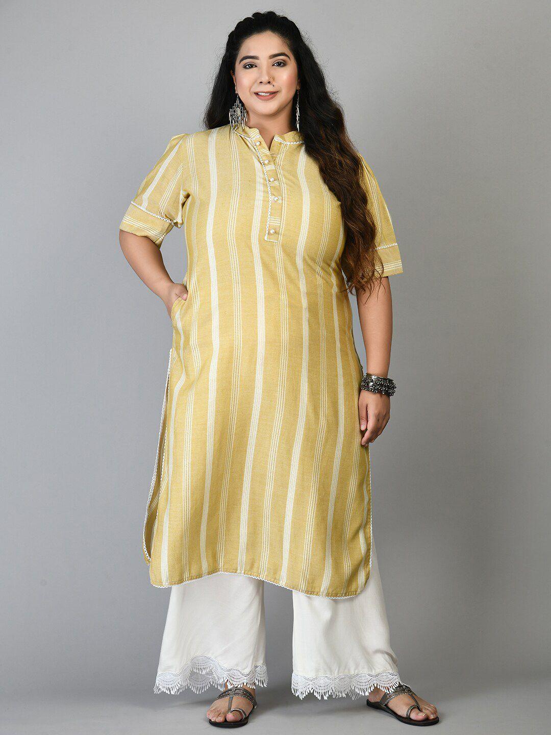 prettyplus by desinoor com women mustard yellow striped flared sleeves kurta