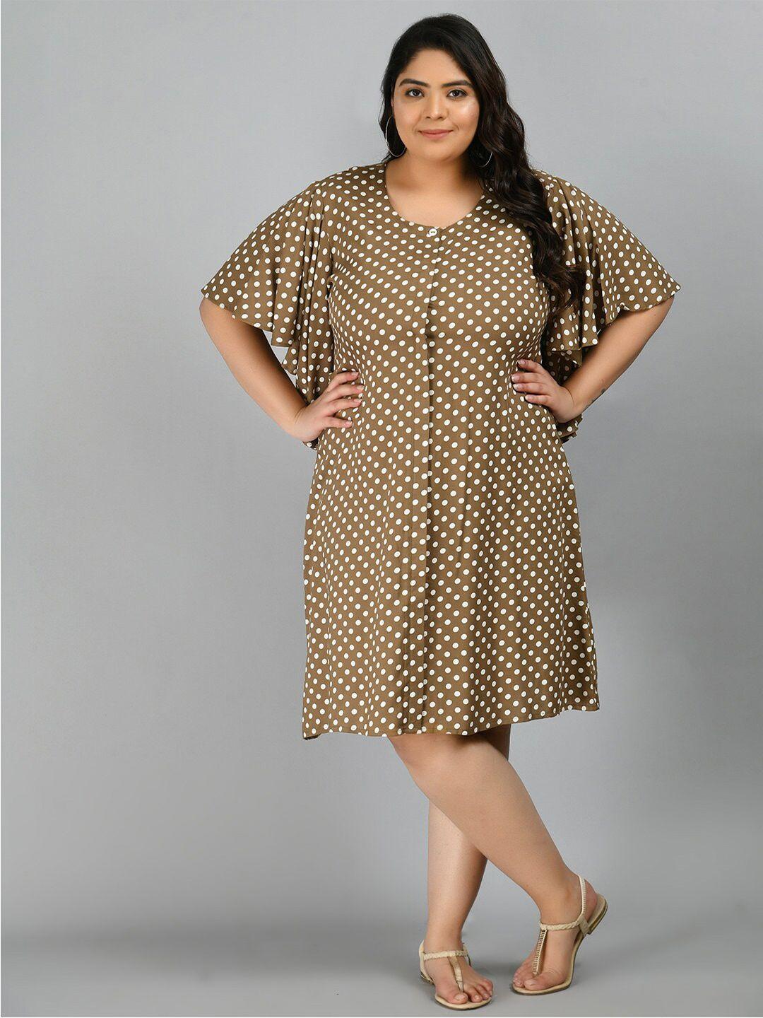 prettyplus by desinoor com women plus size beige & white polka dots printed a-line dress