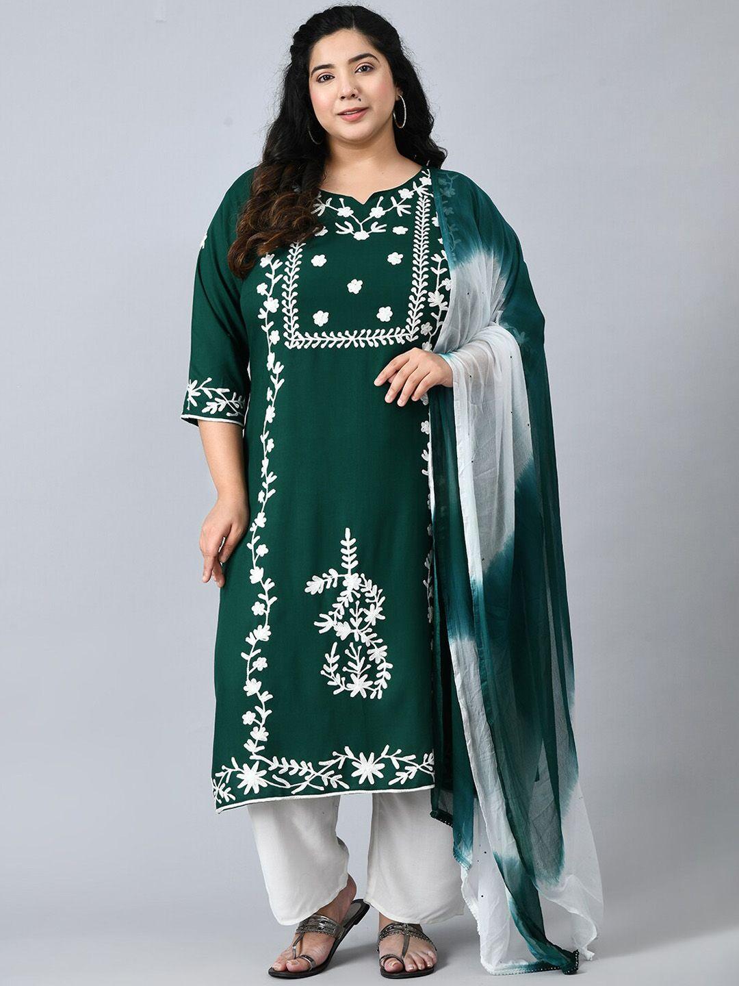 prettyplus by desinoor com women plus size green floral kurta with trousers & with dupatta