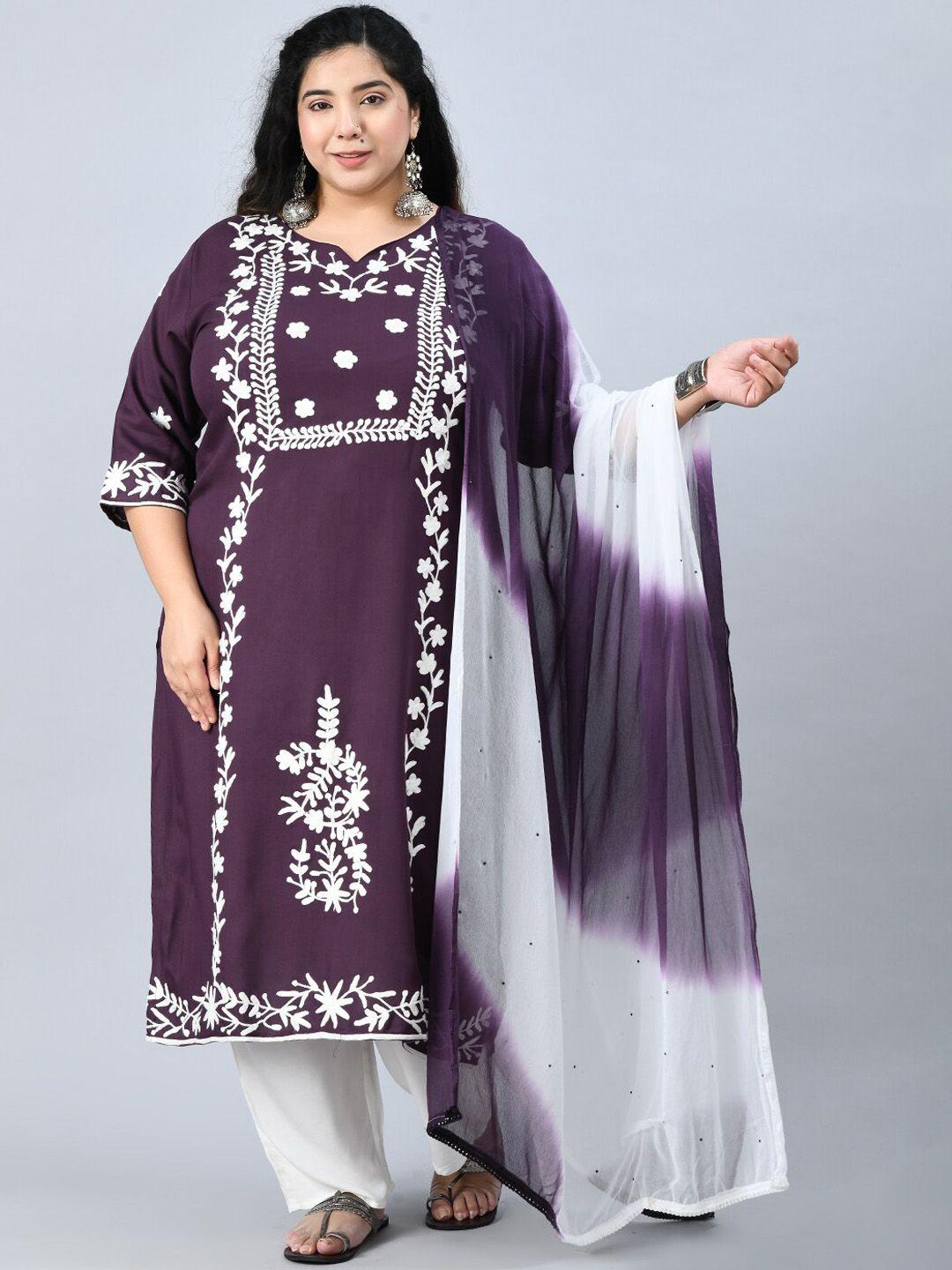 prettyplus by desinoor com women plus size purple kurta with trousers & with dupatta