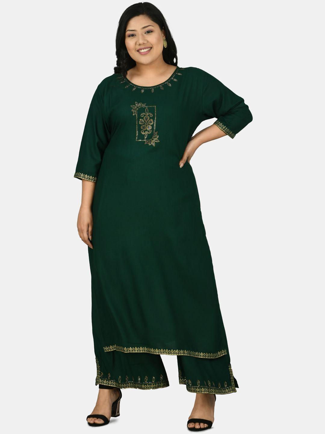 prettyplus by desinoor.com  women green floral embellished kurta with palazzos