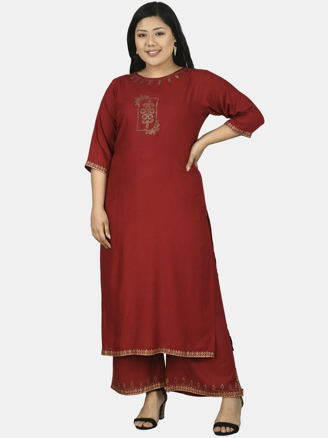 prettyplus by desinoor.com  women maroon embellished detail straight kurta with palazzos