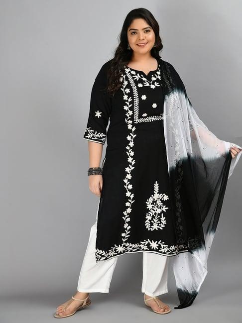 prettyplus by desinoor.com black & white embroidered kurta pant set with dupatta