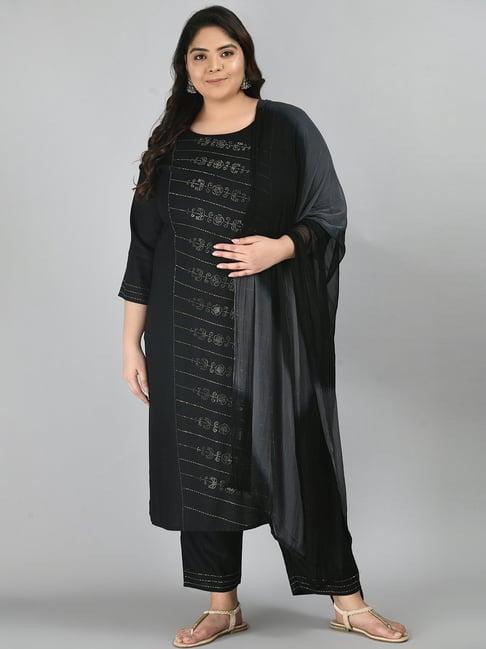 prettyplus by desinoor.com black embellished kurta pant set with dupatta