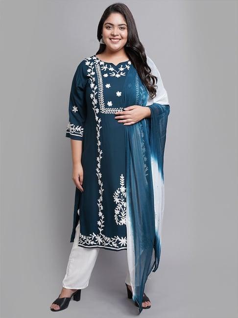 prettyplus by desinoor.com blue & white embroidered kurta pant set with dupatta