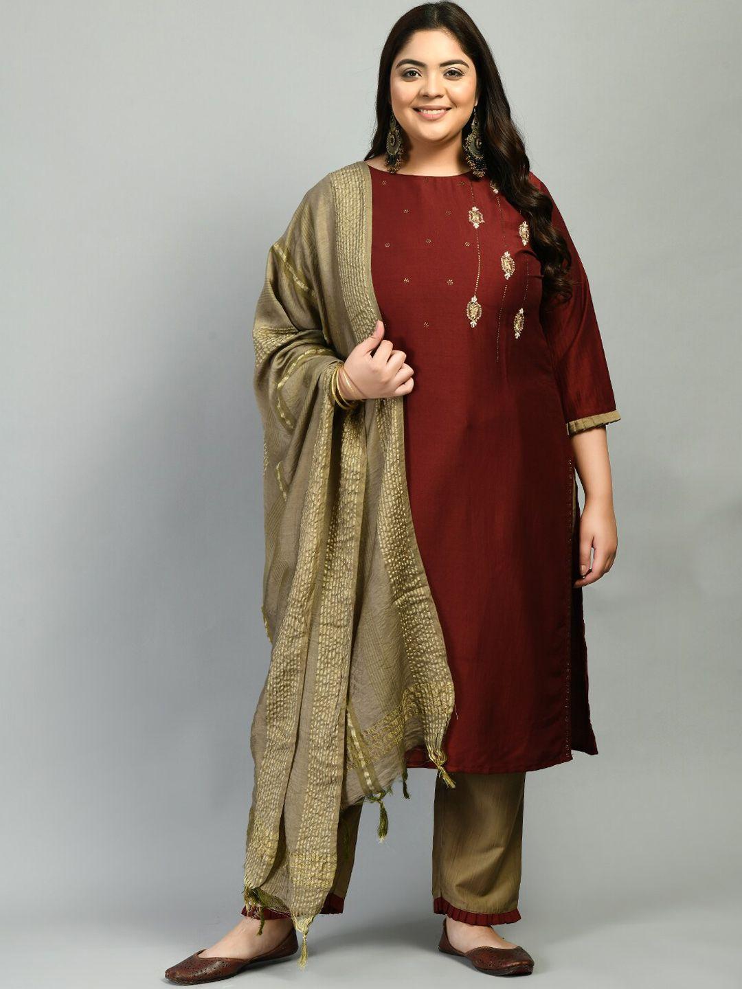 prettyplus by desinoor.com floral beads and stones kurta with trousers & dupatta