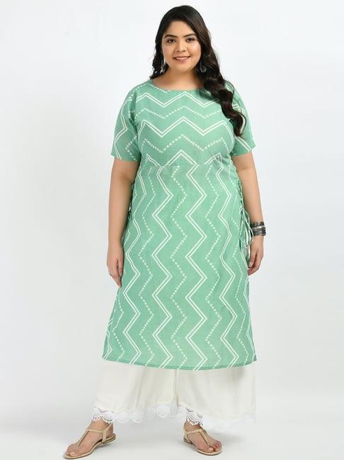 prettyplus by desinoor.com green cotton printed straight kurta