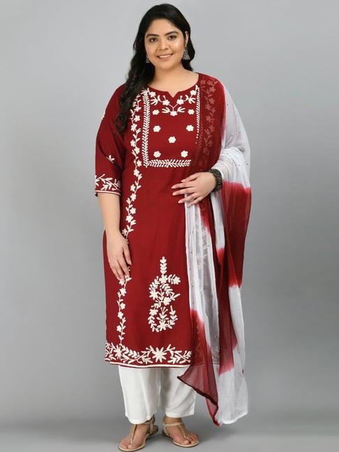 prettyplus by desinoor.com maroon & white embroidered kurta pant set with dupatta