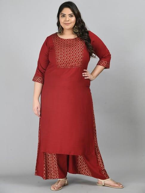 prettyplus by desinoor.com maroon geometric kurta palazzo set