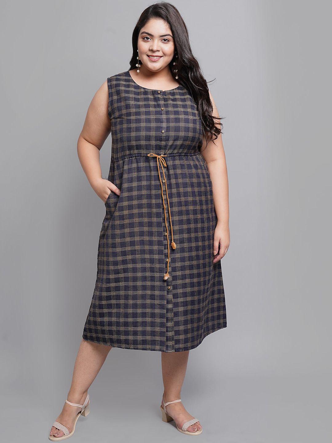 prettyplus by desinoor.com navy blue checked a-line midi dress