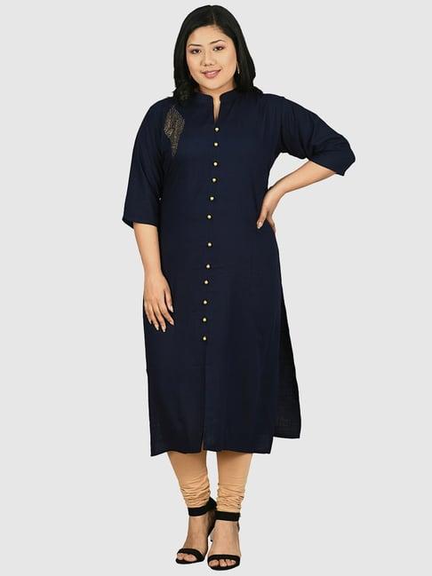 prettyplus by desinoor.com navy embellished straight kurta