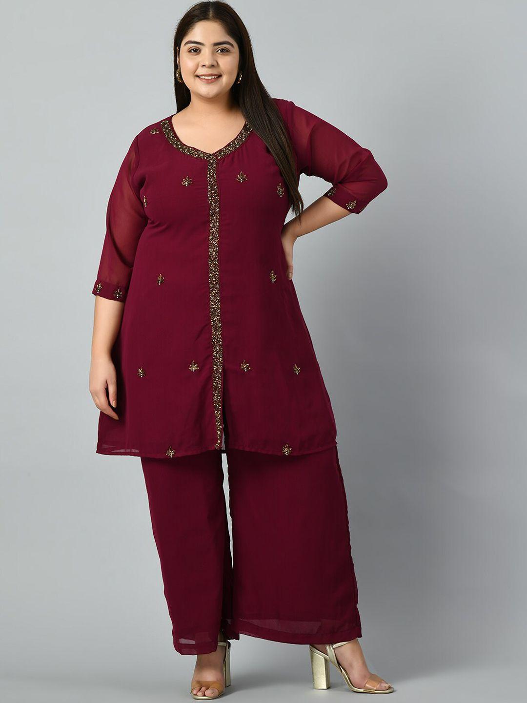 prettyplus by desinoor.com plus size embroidered georgette kurta with palazzos