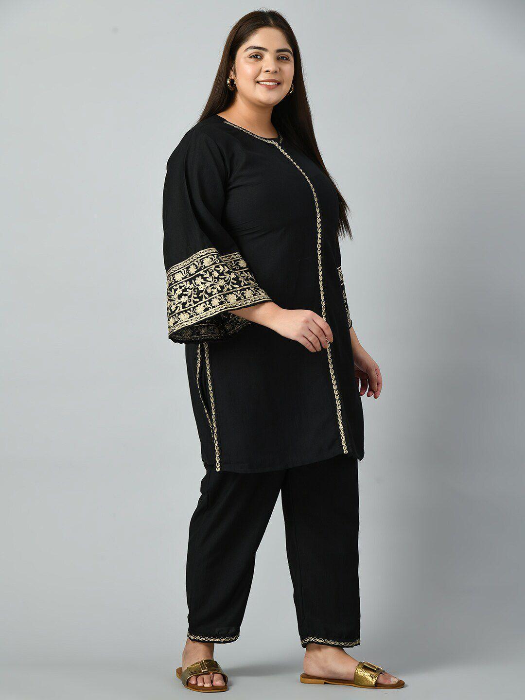 prettyplus by desinoor.com plus size ethnic motifs embroidered kurta & trousers