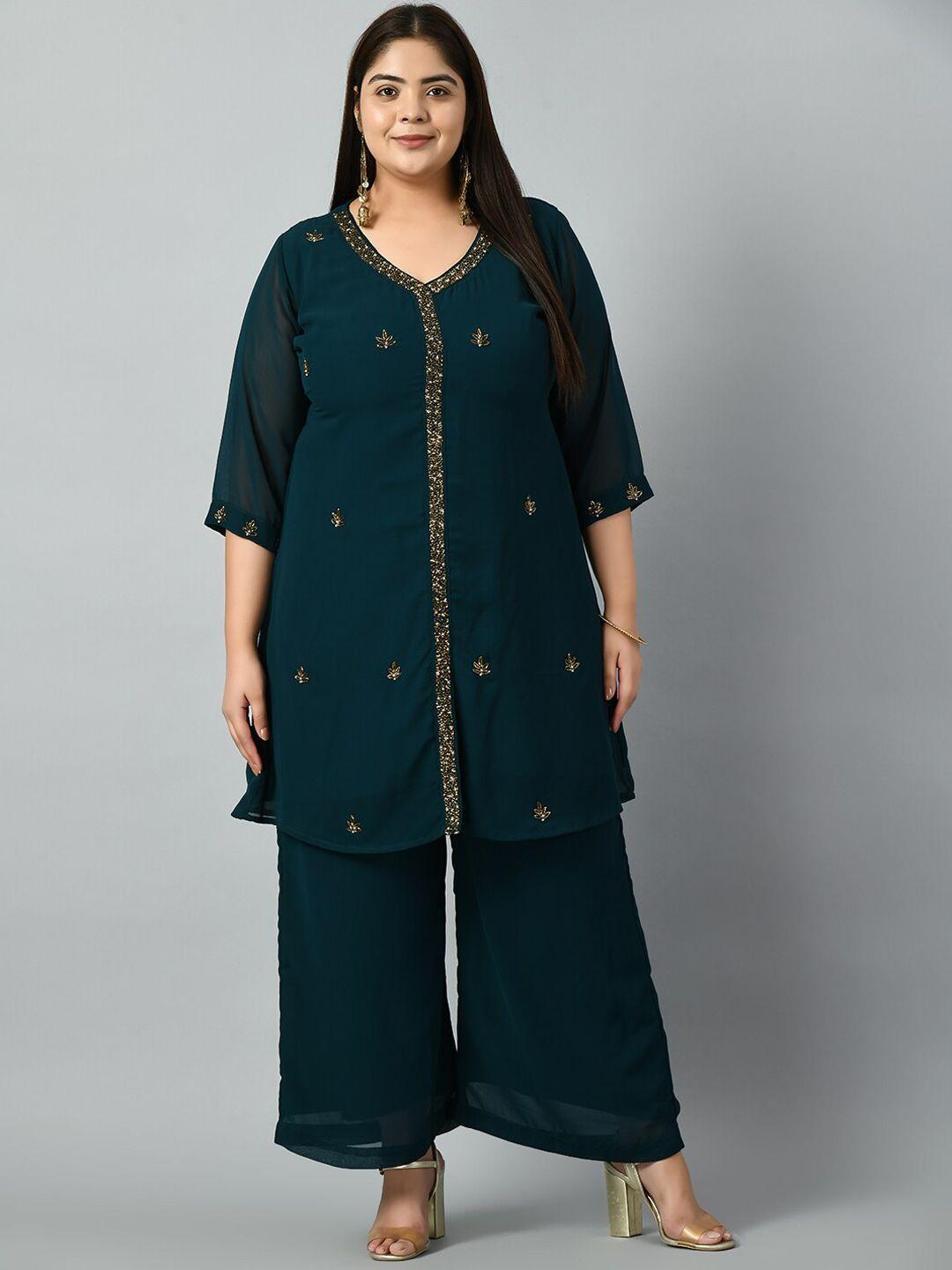 prettyplus by desinoor.com plus size floral embroidered beads & stones kurta with palazzos