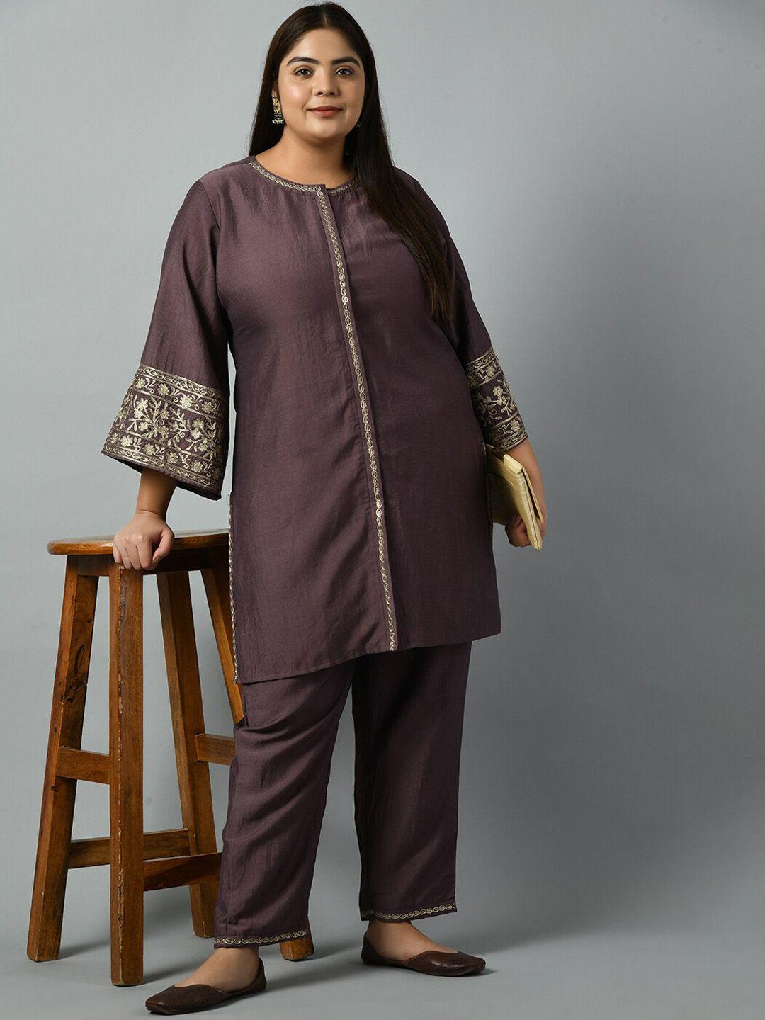 prettyplus by desinoor.com plus size floral embroidered flared sleeves kurta with palazzos
