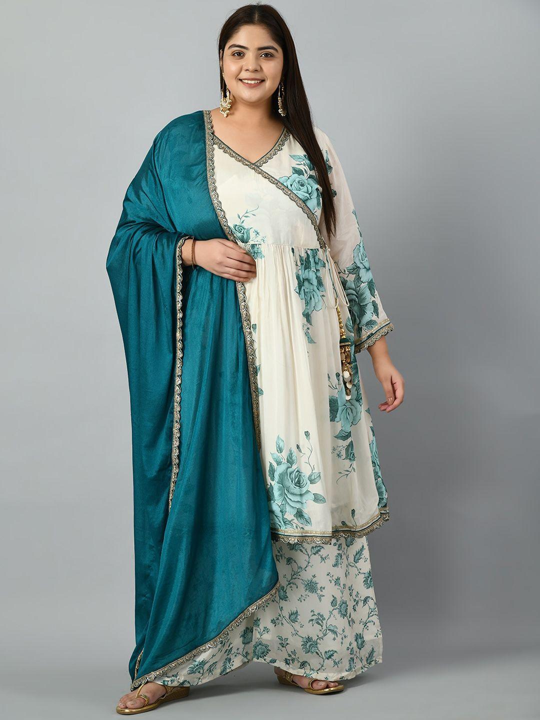 prettyplus by desinoor.com plus size floral gotta patti kurta & palazzos with dupatta