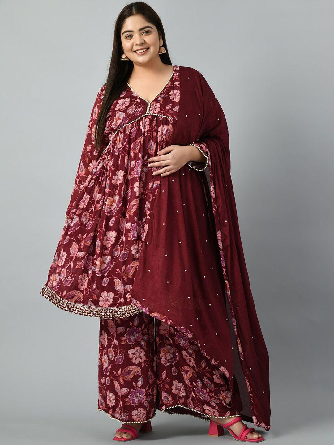 prettyplus by desinoor.com plus size floral print silk a-line kurta & palazzo with dupatta