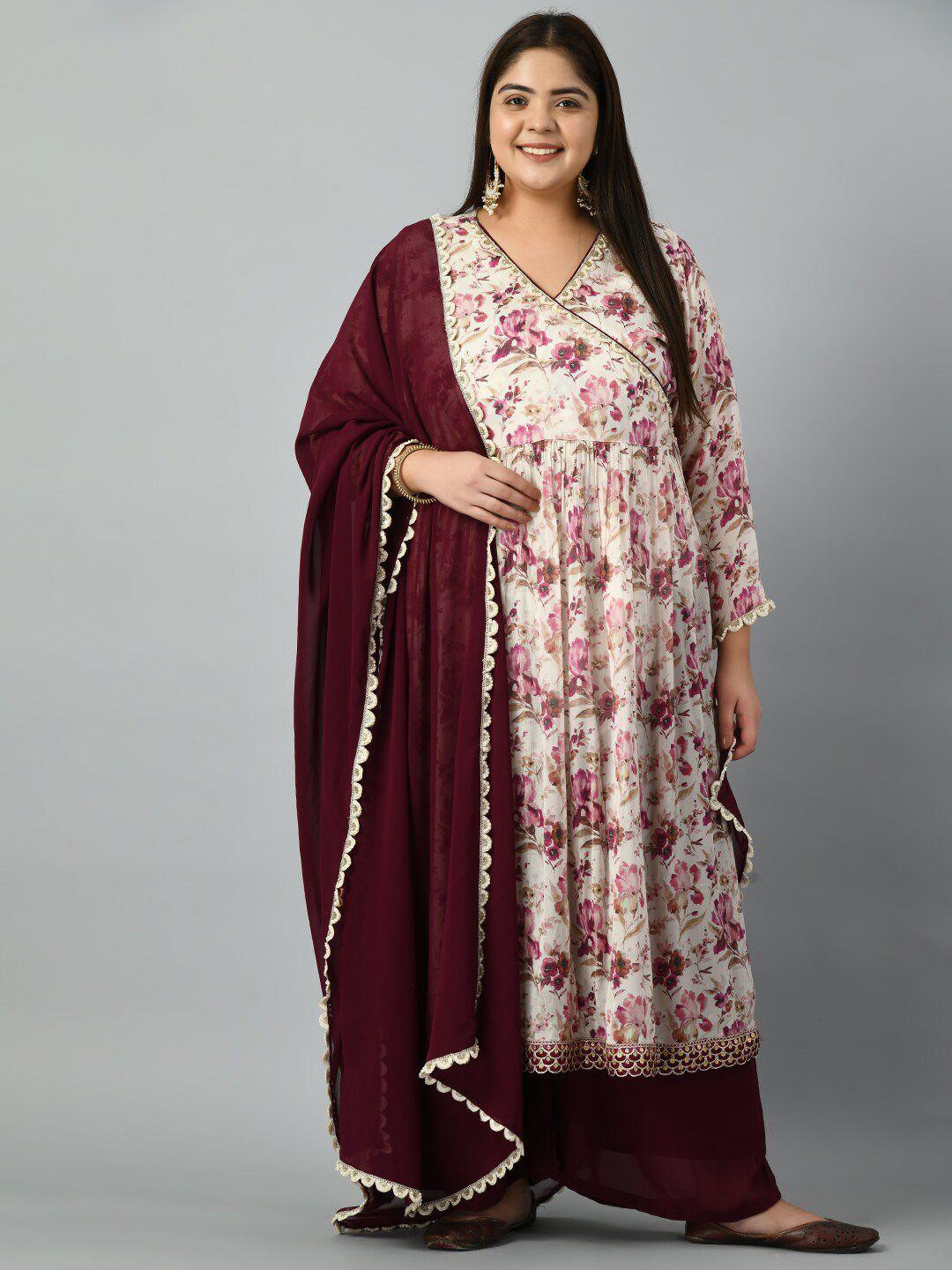 prettyplus by desinoor.com plus size floral printed anarkali kurta with sharara & dupatta