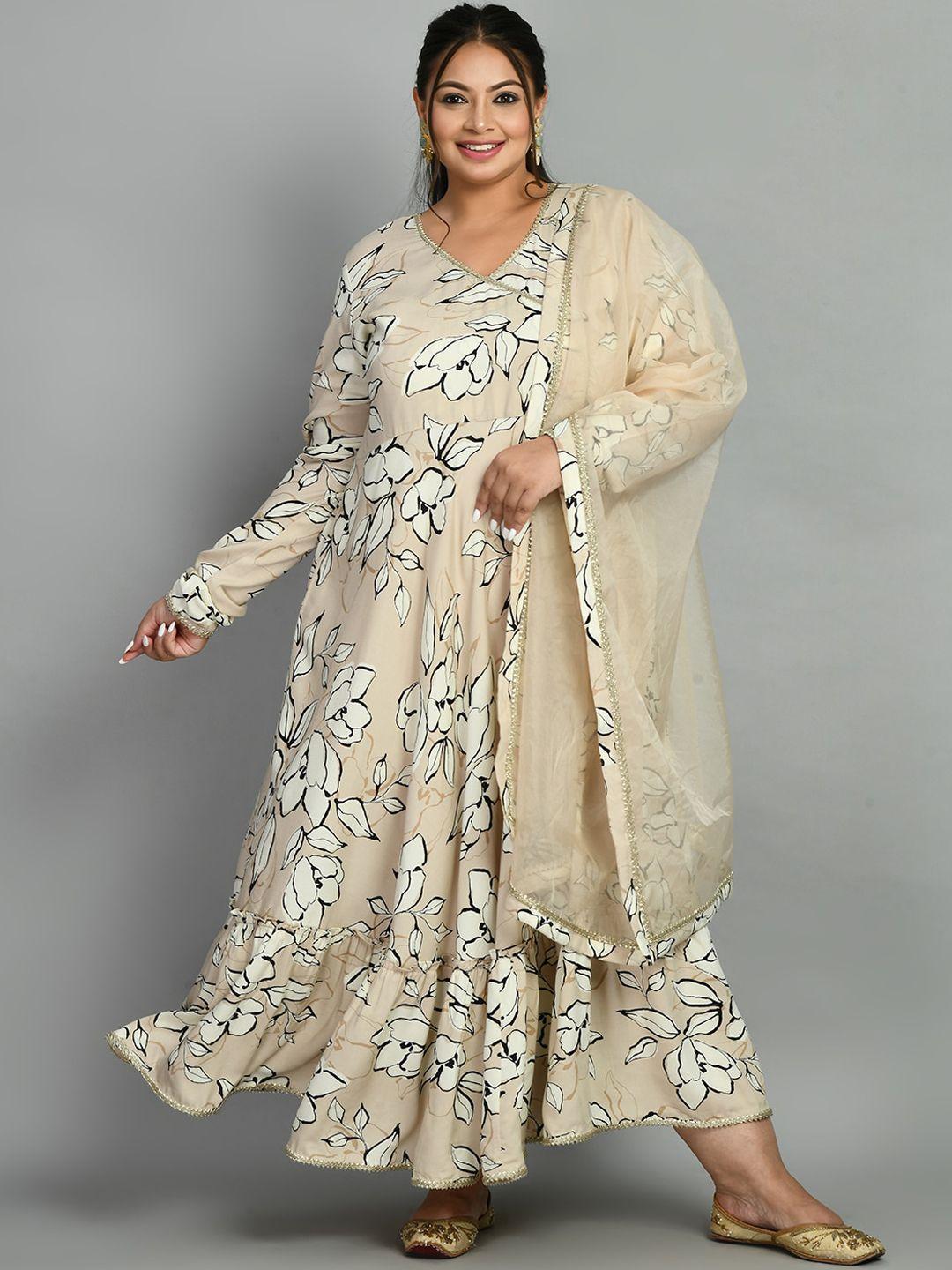 prettyplus by desinoor.com plus size floral printed ethnic dress with dupatta