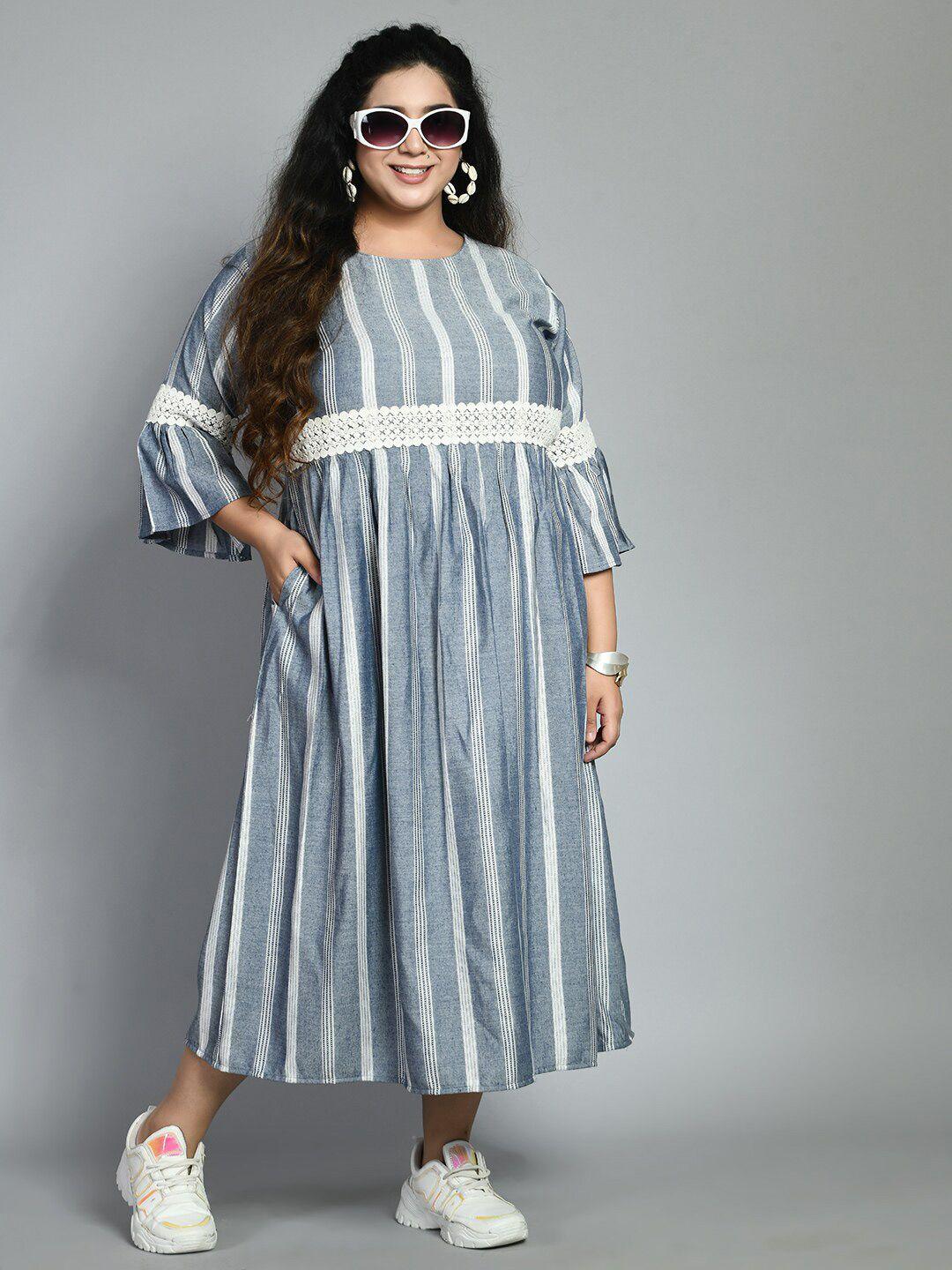 prettyplus by desinoor.com plus size grey striped a-line midi dress