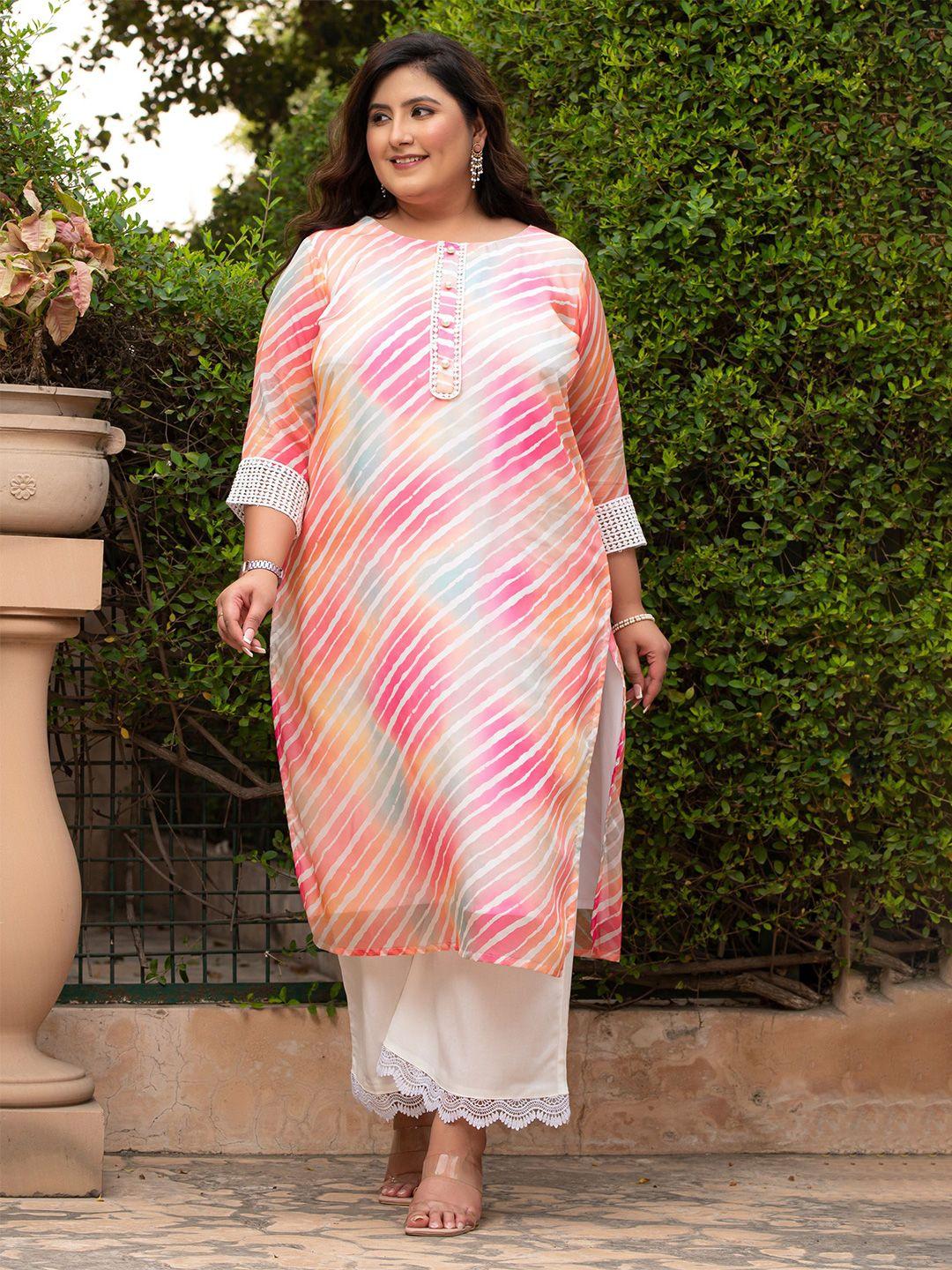 prettyplus by desinoor.com plus size leheriya printed straight organza kurta