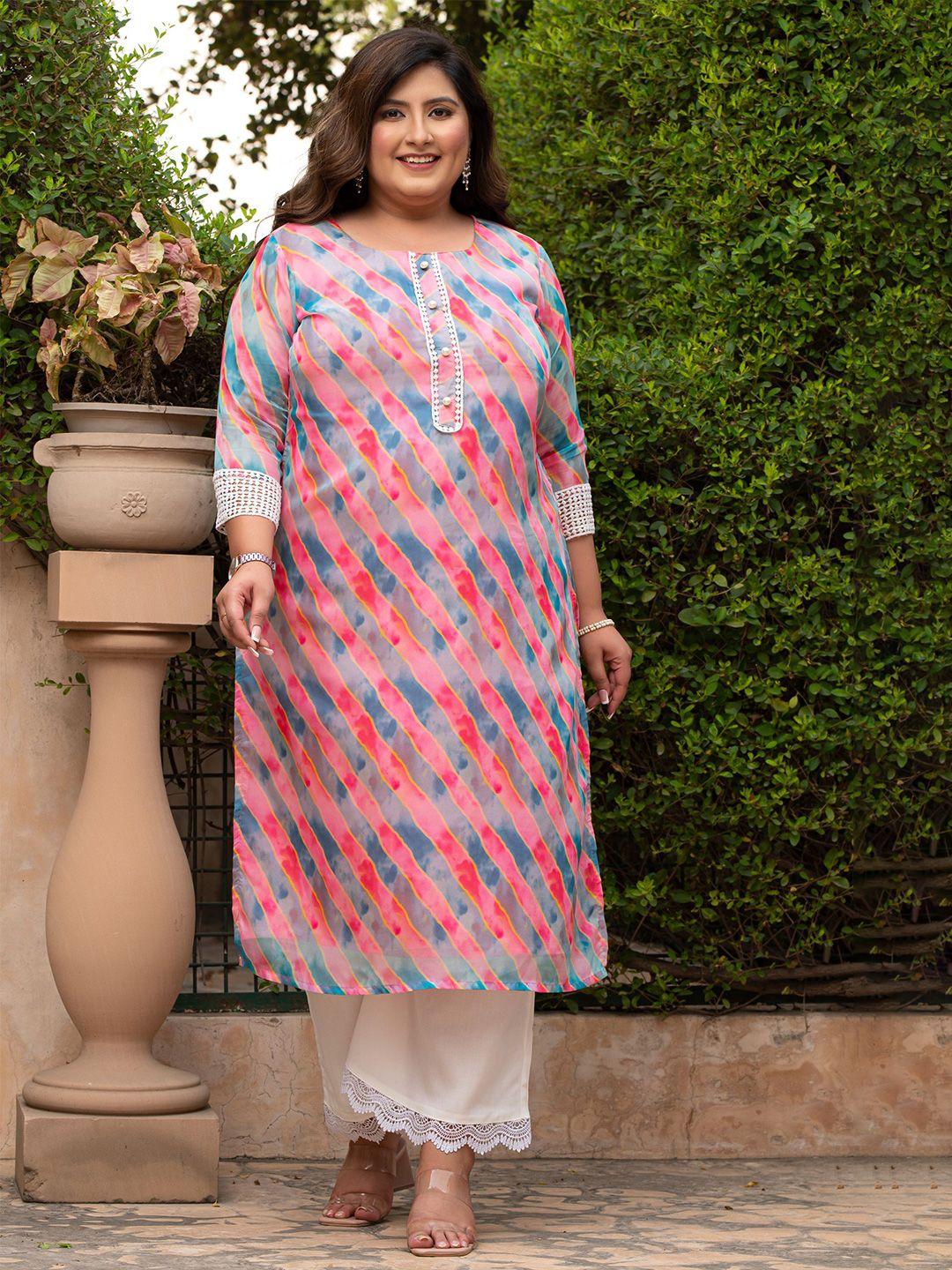 prettyplus by desinoor.com plus size leheriya printed straight organza kurta