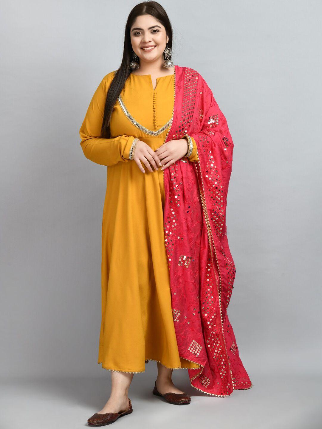 prettyplus by desinoor.com plus size mirror work anarkali kurta with sequin dupatta