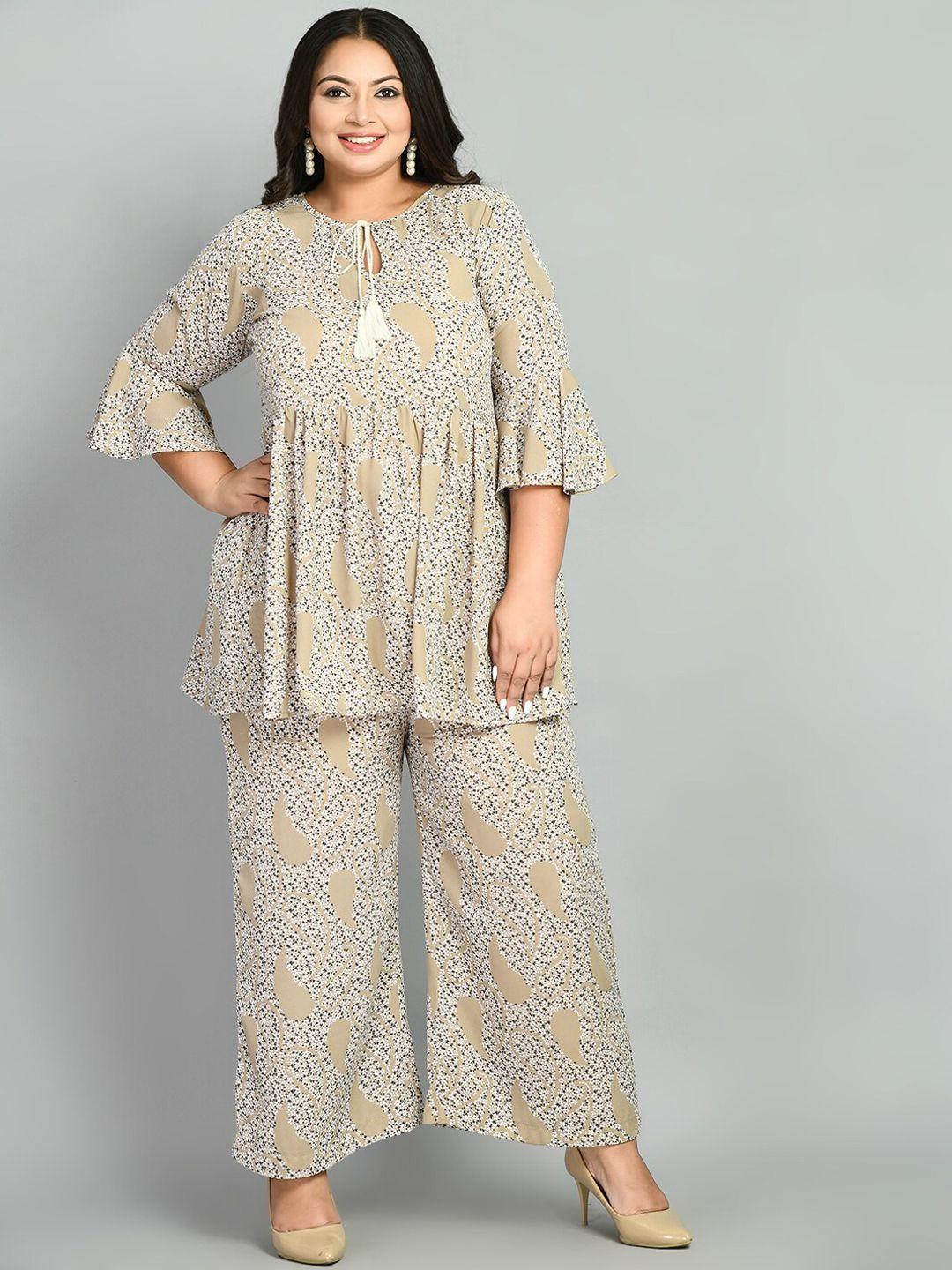 prettyplus by desinoor.com plus size paisley printed a-line ethnic tunic with palazzos