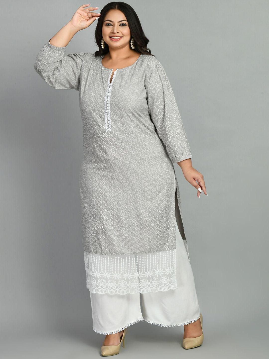 prettyplus by desinoor.com plus size polka dots printed lace detail kurta with palazzos