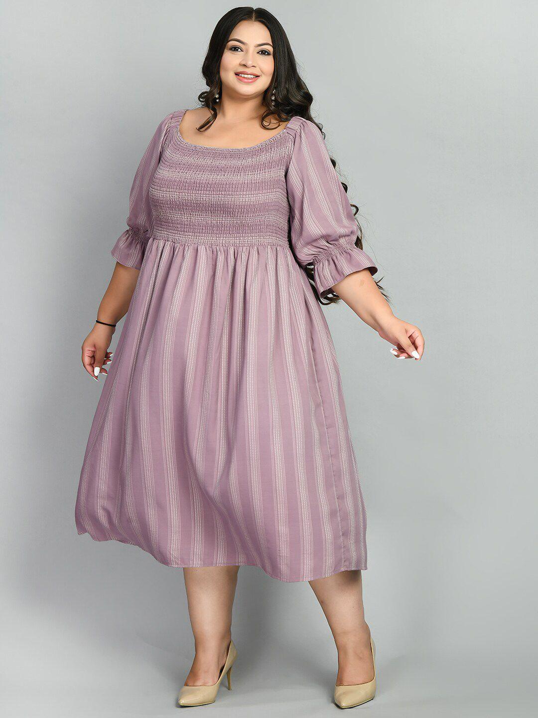 prettyplus by desinoor.com plus size puff sleeves striped smocked silk fit & flare dress