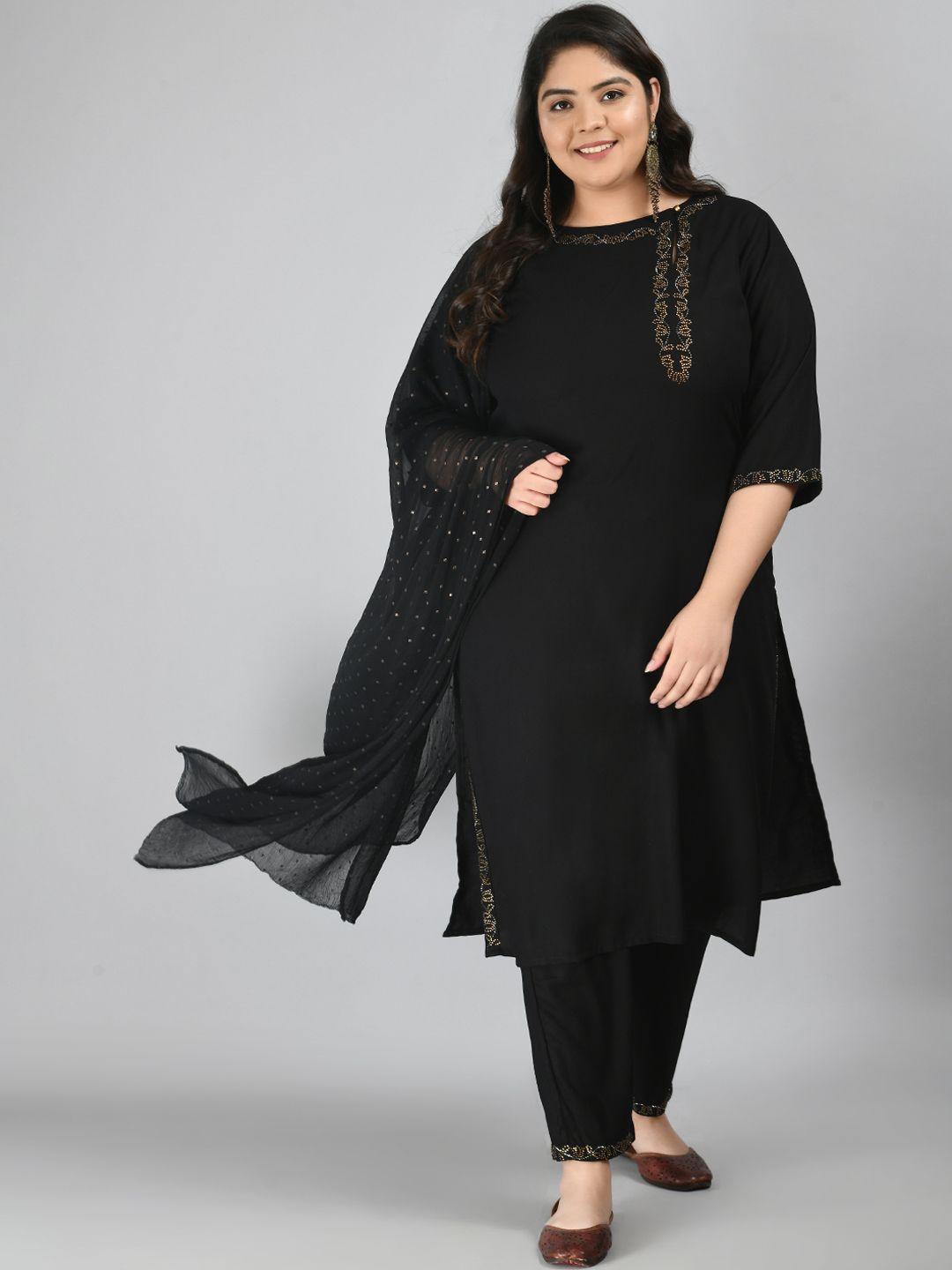prettyplus by desinoor.com women black beads and stones kurta with trousers & dupatta