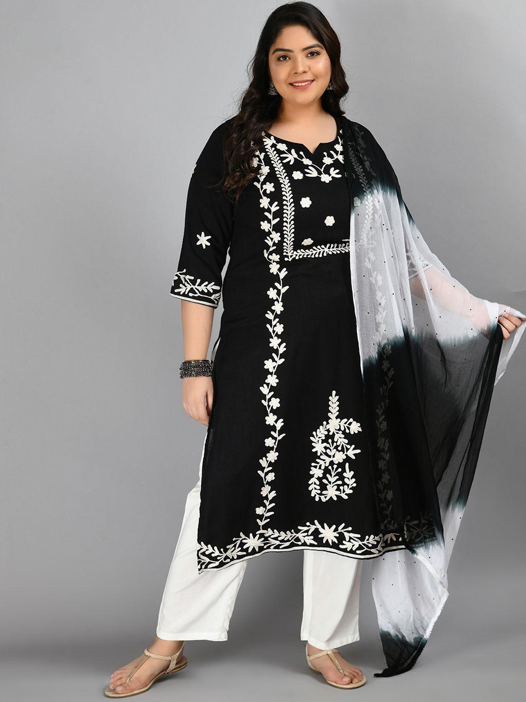 prettyplus by desinoor.com women black thread work kurta with trousers & dupatta